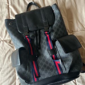Gucci supreme monogram double buckle back pack coated canvas calf skin